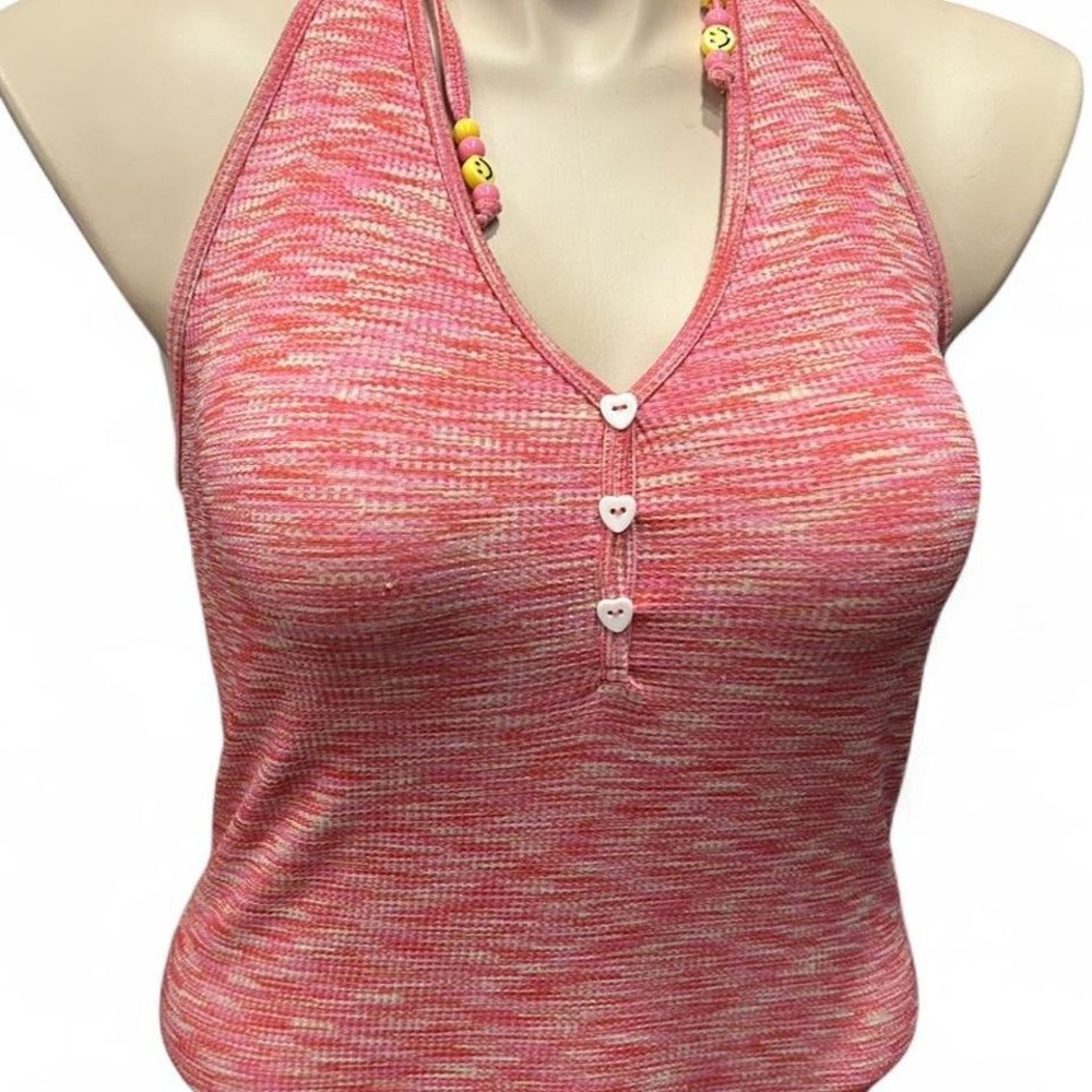 WOMENS INDIE SLEAZE PINK HALTER DRESS WITH HEART BUTTONS‎